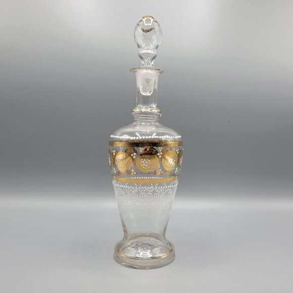 Vintage MCM Clear Decanter White Moriage and Gold Paint Designs - Picture 2 of 10